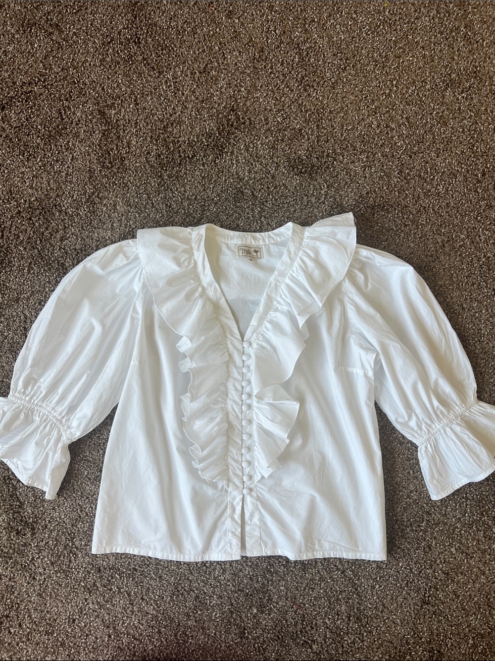 Milly White Ruffle Front Puff Sleeve Blouse